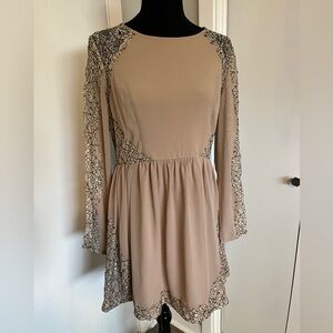 Elegant Lace-Trimmed Tan Dress